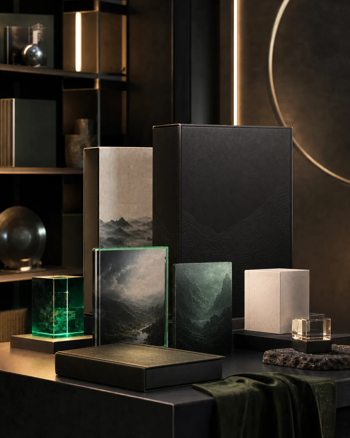 Kuratiertes Arrangement markenfreier Sammlerboxen in einem dunkel ausgeleuchteten Regal.